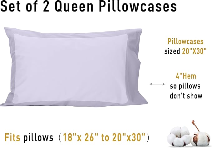 Sunflower Queen Pillowcases Set of 2, 100% Cotton Queen Size Pillow Cases 2, 20×30 inches Lavender Aura, Soft and Breathable