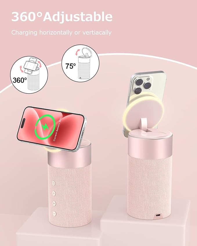 COLSUR Bluetooth Speaker, Magnetic Wireless Charger, Bluetooth Speakers with Night Light, 2 in 1 Wireless Charging Station for iPhone 16/15/14/13/12 Series, AirPods Pro/3/2（Gift Ideal） (Pink)