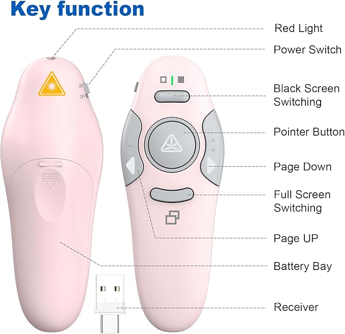 QUI Presentation Clicker Wireless Presenter Remote Clicker for PowerPoint Presentation Remote, PowerPoint Slide Advancer for Mac/Windows/Linux, Google Slide/PPT/Keynote, Type-c, Pink