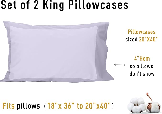 sunflower King Pillowcases Set of 2, 100% Cotton King Size Pillow Cases 2, 20×40 inches Lavender Aura, Soft and Breathable