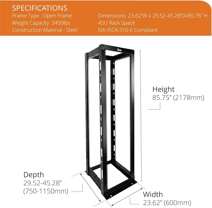 Tecmojo 45U 4-Post Open Frame Server Rack, Adjustable Depth 23.6 inch-39.9 inch – 19" Network, Server, AV, Data & IT Equipment, Telecom & Patch Panel Mount, 3450 lbs Capacity, Black,Square Holes