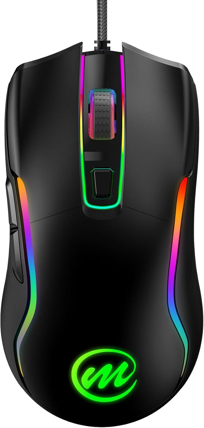 memzuoix Wired Gaming Mouse with RGB - 6 Adjustable DPI up to 12800, 6 Buttons, 12 Lighting Modes, Ergonomic Design with Anti-Slip Rubber Wheel, 5.6ft Braided Cable for PC/Mac/Windows - Black