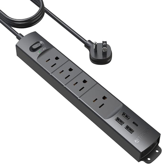 TROND Surge Protector Power Strip with USB, Ultra Thin Flat Plug 10ft Long Extension Cord 1625W, 3 USB A & 1 Type C, 4 AC Outlets 1440J Surge Protection Wall Mount for Home Office Dorm Room, Black