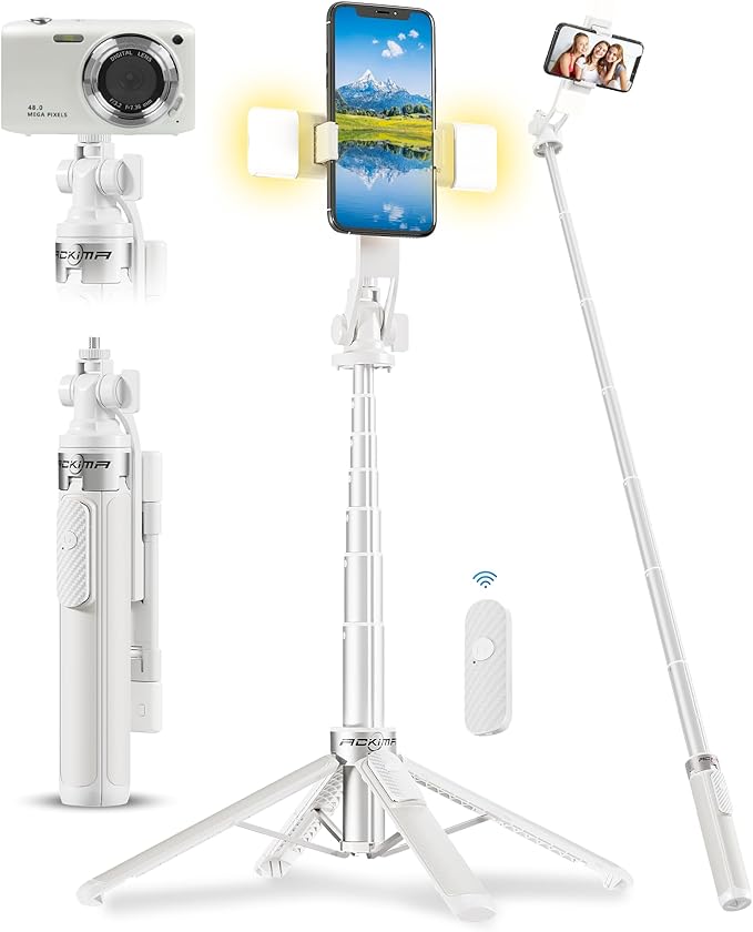 53'' Selfie Stick Tripod with Light, Enhanced 4-Leg Cell Phone Stand Camera Tripod with Rechargeable Wireless Remote & 2 Fill Light, Portable Selfie Stick Travel Essentials for iPhone Android