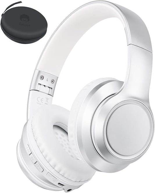 rockpapa E8 Over The Ear Bluetooth Headphones with Microphone for Kid Children Boy Girl Youth Teen Adult, Foldable Wired/Wireless Headphones with Mic, Include Travel Case, Silver