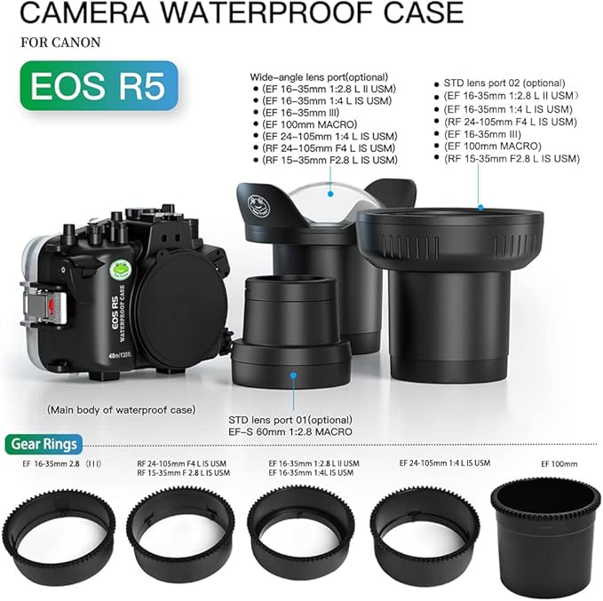 Sea frogs Waterproof Camera Housing Compatible with Canon EOS R5 60MM IPX8 40m/130ft Maximum Diving Depth Underwater Camera Case for Diving, Surfing, Rowing, Skiing