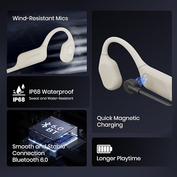 LYPERTEK Bone Conduction Headphones, IP68 Waterproof Swimming Headphones,Bluetooth 6.0 Open Earphones, 32GB Memory Bone Conduction Sports Earphones,Wireless Underwater Earbuds for Running,S30-Beige