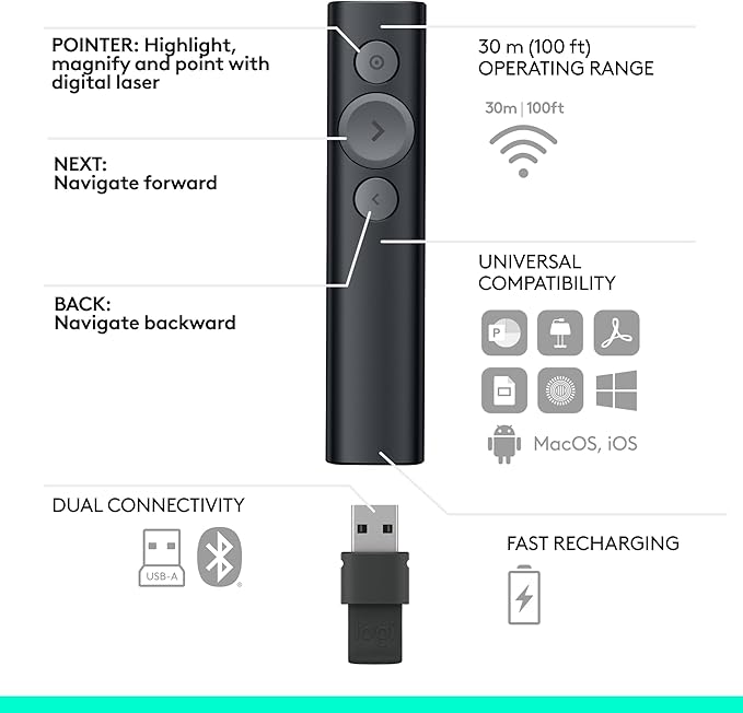 Logitech Spotlight Presentation Remote - Universal Wireless Presentation Clicker with Laser Pointer, Advanced Digital Highlighting, Bluetooth, 30 m Range and Quick Charging - Black
