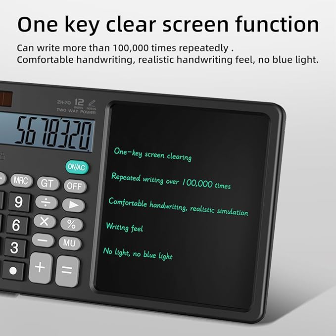 Scientific Calculator with Pull - Out Stylus, 12 - Digit Wide Screen & 100,000+ Reusable Writing Pad, One - Click Clear/Lock, Solar & Battery Dual Power, Portable for School Office Business (Black)