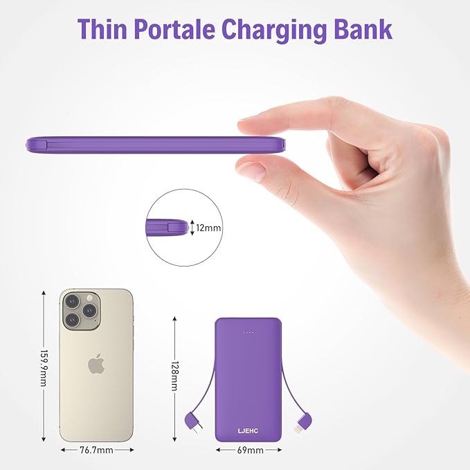 10000mAh Slim Power Bank with Built in Cable,Thin Lightweight Portable Phone Charger,4 Output USB C Travel Essentials External Battery Pack Clutch Charger for iPhone,Samsung,Android,Heated Vest,Purple