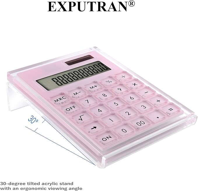 Acrylic Calculator with Stand, Battery and Solar Hybrid Powered Basic Calculator 12-Digit LCD Display,Home Office Desktop Accessories(Pink)