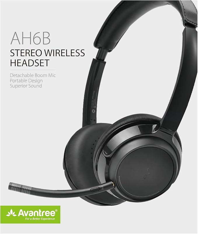 Avantree AH6B - Bluetooth On Ear Headphones with Detachable Mic for Work in Office or at Home, Premium Sound, 22 Hrs Playtime, Soft Padding, Lightweight, Wireless & Wired for Phone PC Laptop, Black