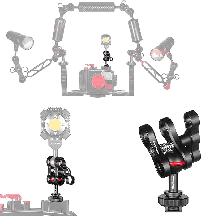 MINIFOCUS 1'' Ball Clamp Mount with Cold Shoe Ball Mount Head Base Adapter Connector for Diving Light Arm Underwater Camera Waterproof Housings Case Video/Flash/Strobe Hot Shoes