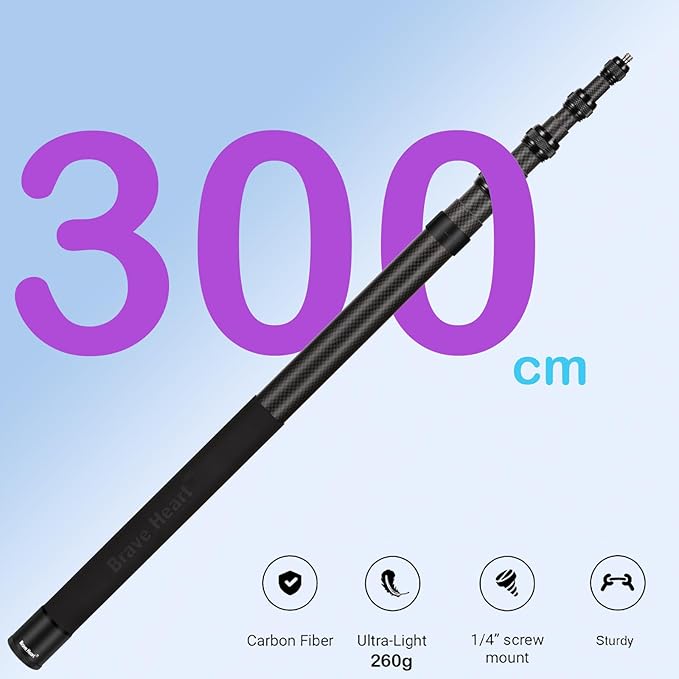 118"/3.0m Extended Long Invisible Carbon Fiber Selfie Stick for Insta360 x5 x4 Insta 360 x5 x4 x3 x2 x one rs Cameras (Black)