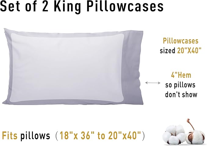 Sunflower King Pillowcases Set of 2, 100% Cotton King Size Pillow Cases 2, 20×40 inches Light Purple, Soft and Breathable
