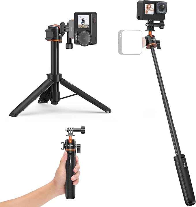 VRIG 21" Extendable Selfie Stick Tripod for GoPro with 360° Ballhead, Portable Vlog Selife Stick Tripod Stand for DJI OSMO Action 5Pro/4/3,GoPro Hero 13 12 11 10 /Insta360 X5/Ace Pro/Pocket3
