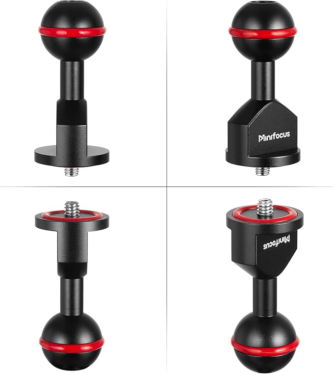 MINIFOCUS 2Pcs 1'' Ball Adapter to 1/4"-20 Screw, Universal Ball Joint Bracket with 1/4" Screw Base Adapter for Underwater Camera Arm Tray Diving Photography System