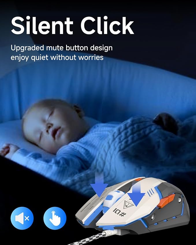 EWEADN G10 Wired Gaming Mouse, Computer Mouse with RGB Backlit, 3200 DPI Adjustable, Quiet Clicks, Ergonomic Mouses with 6 Buttons and 4.2FT Cord, USB Wired Mouse for PC/Win/Laptop, Gray-White