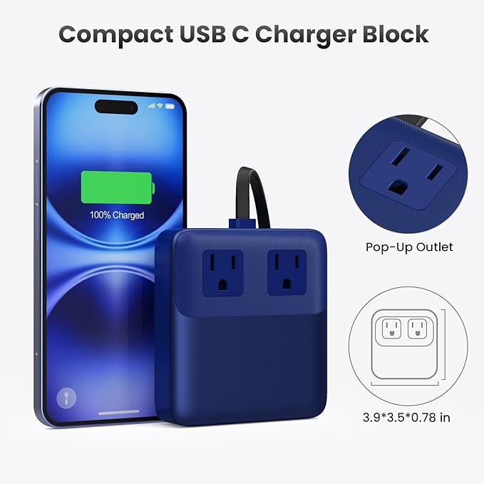 USB C Charger Block,135W GaN IV Fast Charging Station Hub,6-in-1 USB C Power Strip with Flat Plug and 5ft Cord,2 AC,2 USB A,2 USB C,PD 65W Laptop Charger for MacBook Air/Pro,iPhone16/15,S24-Dark Blue