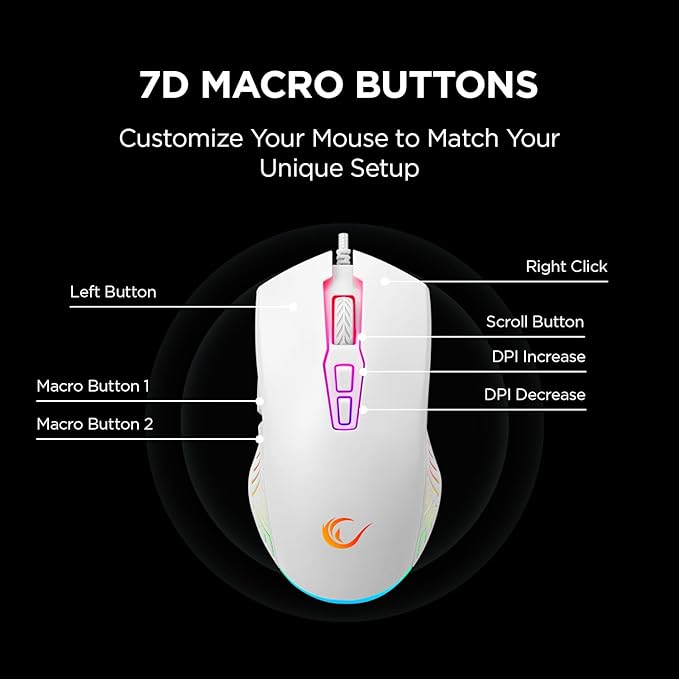 Rampage Spear V2 White Wired Gaming Mouse with RGB Lighting – 12800 DPI, 7 Programmable Buttons, Lightweight Ergonomic Gaming Mouse for PC/Mac/Laptop Gamers