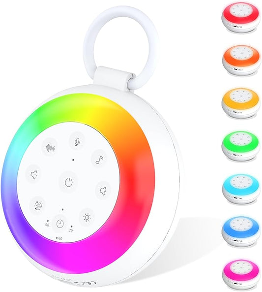 Portable White Noise Sound Machine for Baby, Kids, Adults Sleep - 24 Soothing Natural Sounds, 7 Color Night Light, Portable Wireless Bluetooth Speaker for Home, Travel, Nursery, Office