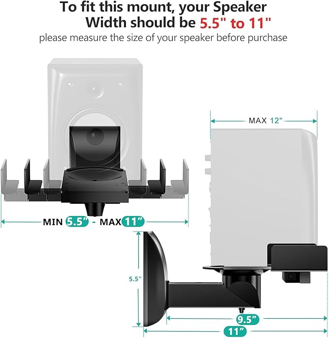 WALI Speaker Wall Mounts, Dual Side Clamping Bookshelf Mounting Bracket for Large Surrounding Sound Speakers, Hold up to 55 lbs. (SWM201), 1 Pair, Black