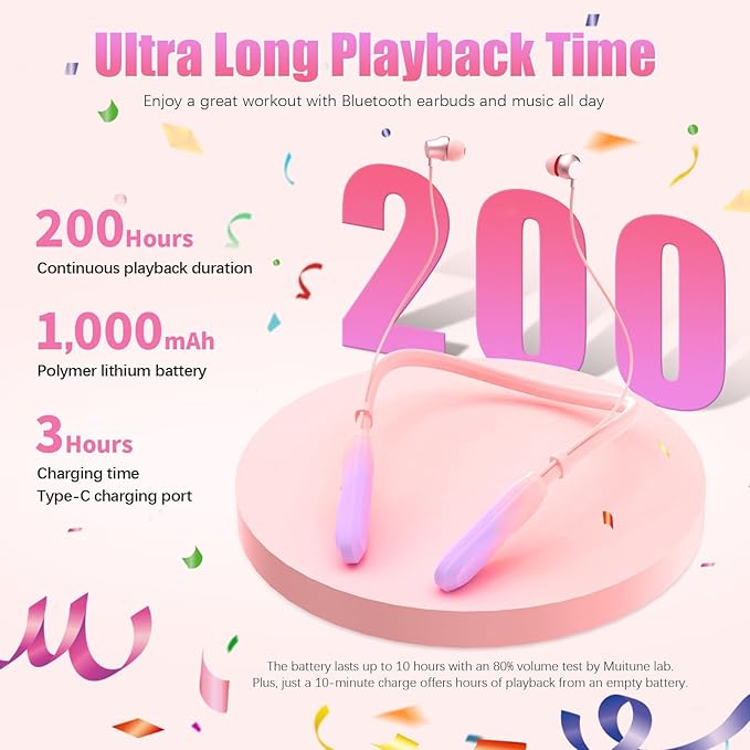 Neckband Bluetooth Headphones, 200H Extra Long Playtime Wireless Stereo Neckband Earbuds with Microphone, Waterproof Balanced Armature Drivers in Ear Headset for Sports/Workout (Pink-Purple)