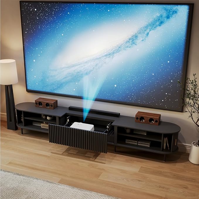 126" Ultra Short Throw Projector Cabinet with Featuring Drawer, Mid-Century Modern Electric TV Stand for Entertainment Center, with Linkage Memory Function and Ample Storage Space, Black