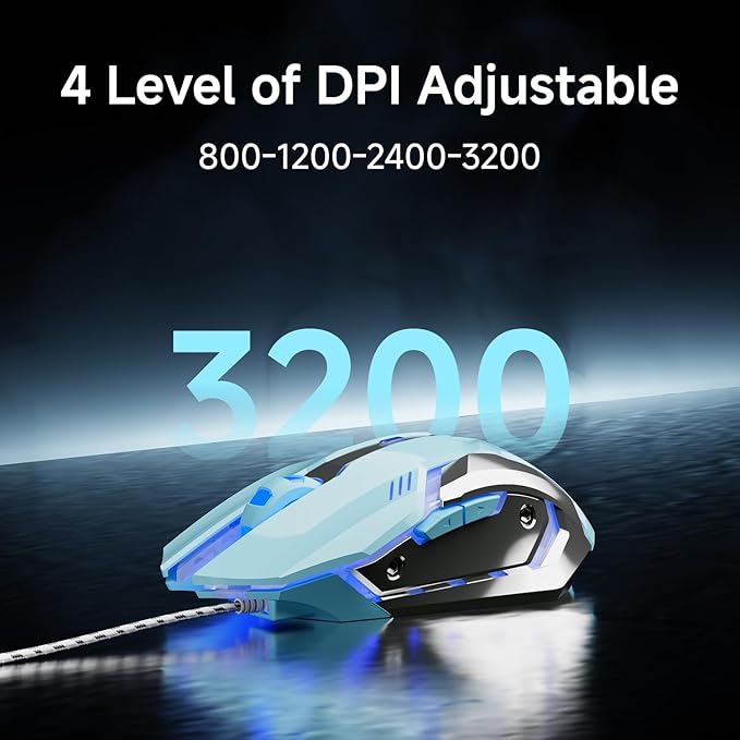 EWEADN G3 Wired Gaming Mouse, 2400 DPI Wired Optical Mouse with 6 Programmable Macro Buttons, Metal Base, 4-Color Breathing Light for PC/Laptop/Windows-Blue