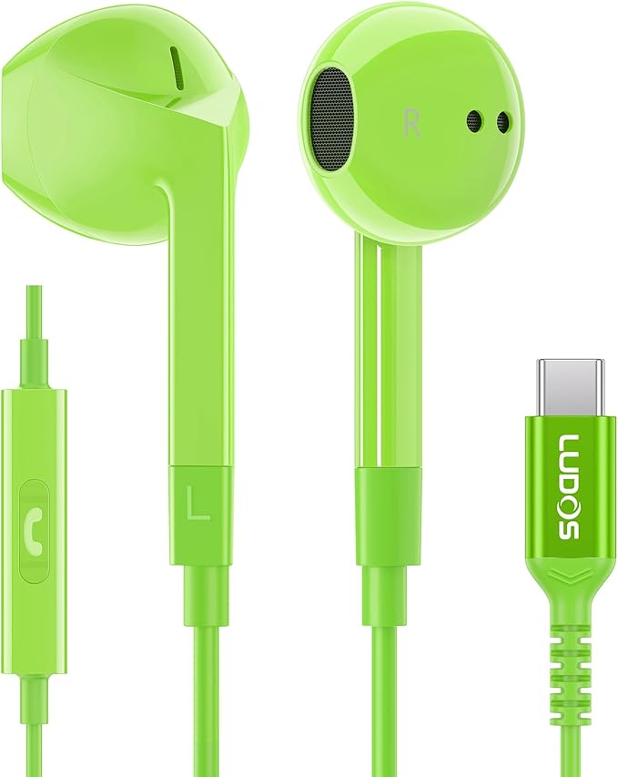 LUDOS FEROX USB C Headphones for iPhone 16 15 Pro Max Plus iPad Pro, 5 Years Warranty, USB-C Earbuds for Samsung Galaxy S24 S23 Ultra S22 S21 S20 A55 A54 A53, USB Type C Earphones - Green