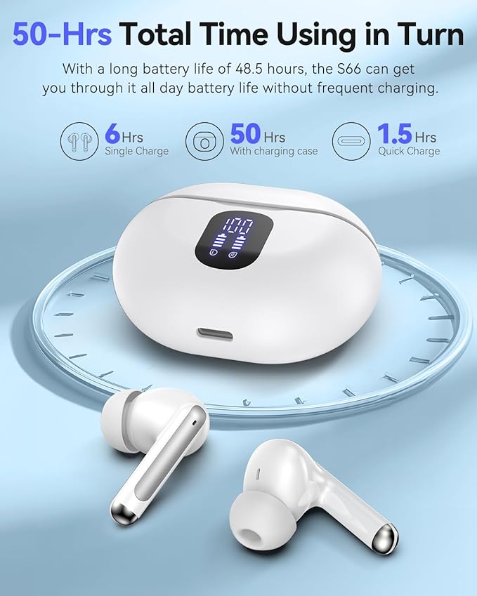 Bluetooth Headphones True Wireless Earbuds 42H Playback LED Power Display Earphones with Charging Case IPX7 Waterproof in-Ear Ear Buds with Mic for Sports, White
