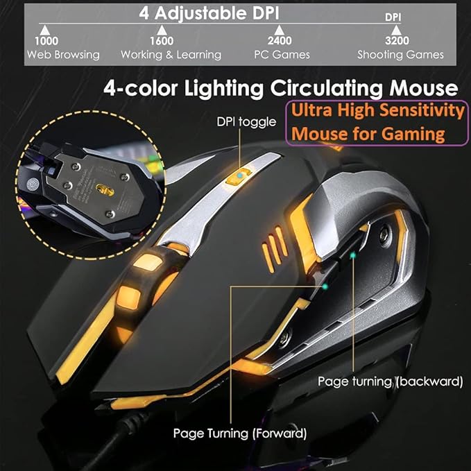 Wired Gaming Keyboard and Mouse Combo,Orange Yellow Lighted LED Backlit & Metallic Frame,Adjustable Brightness,Breathing Backlight,Full Size 104 Keys,for Xbox PS4 Xbox One Desktop Gamer