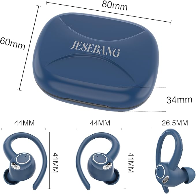 Wireless Earbuds, Bluetooth 5.4 Headphones Sport, Over Ear Buds with ENC Noise Cancelling Mic, 48H, Wireless Earphone with Earhooks, Stereo Deep Bass, IP7 Waterproof Ear Bud for Workout Running, Blue