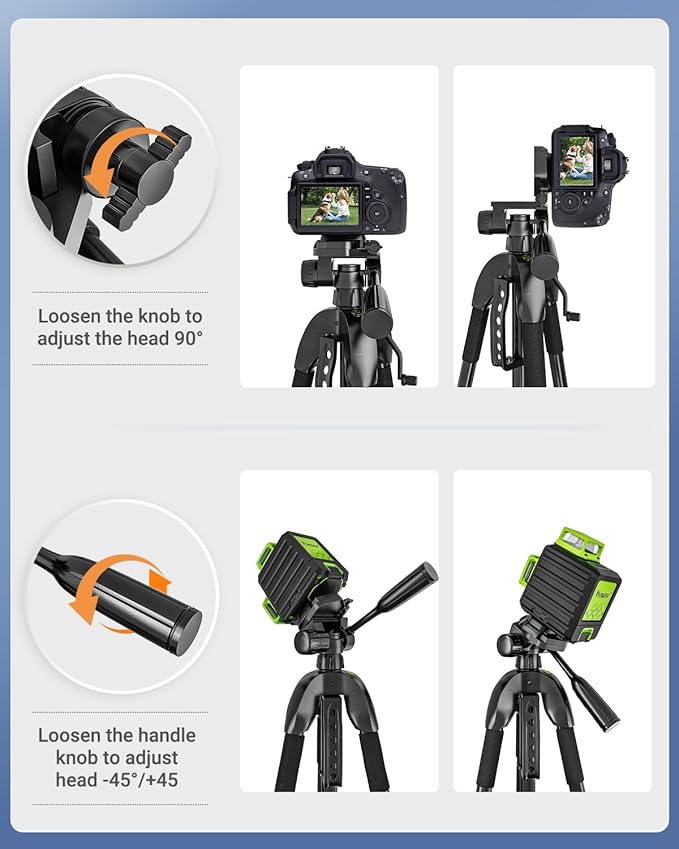 Laser Level Tripod, Huepar 56-inch Extendable Height Tripod Use with Line Lasers, Point Lasers, Laser Distance Measures, 1/4" and 5/8" Thread Mount, Multi-Function Hook, Non-Skid Feet, TPD14