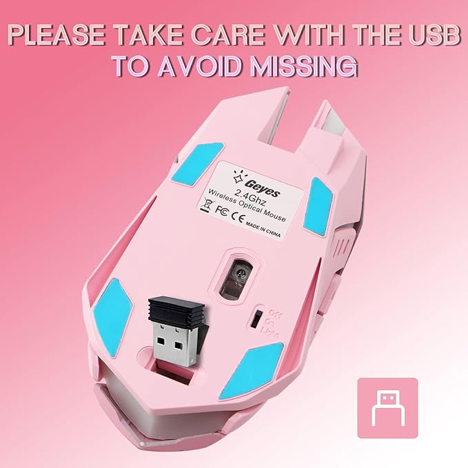 VEGCOO Pink Wireless Gaming Mouse, Silent Click Wireless Mouse with Colorful RGB LED Lights, Rechargeable Computer Mice with Side Buttons and 3 Level DPI, for Laptop and Desktop