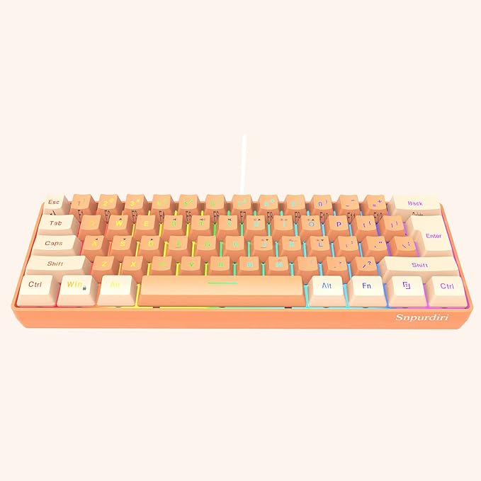 Snpurdiri 60% Wired Gaming Keyboard, RGB Backlit Ultra-Compact Mini Keyboard, Waterproof Mini Compact 61 Keys Keyboard for PC/Mac Gamer, Typist, Travel (Cream and Orange)