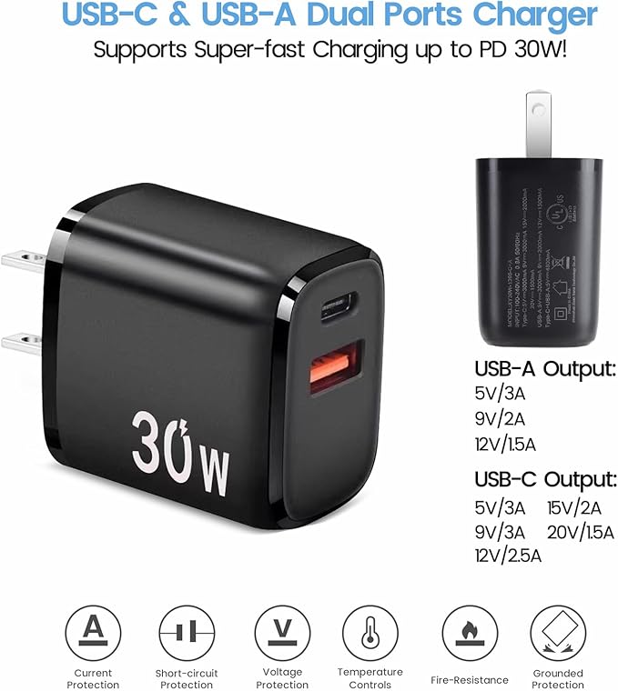 PD 30W USB C Fast Charger Compatible with Meta Quest 3 3S - Dual Port USB + Type C Adapter with 6.6ft C to C Charging Cable for Oculus Quest 2 VR Headset