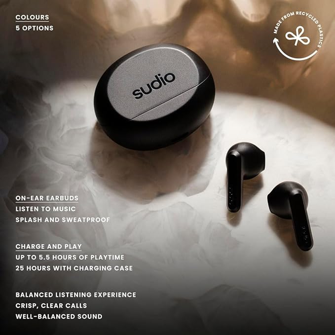Sudio A3 All-Day Wireless Earbuds – 25H Playtime, Bluetooth 5.4, Sweat & Splashproof, Balanced Sound, Clear Calls with Enhanced Mics, USB-C Charging, Made from Recycled Plastics (Blue)