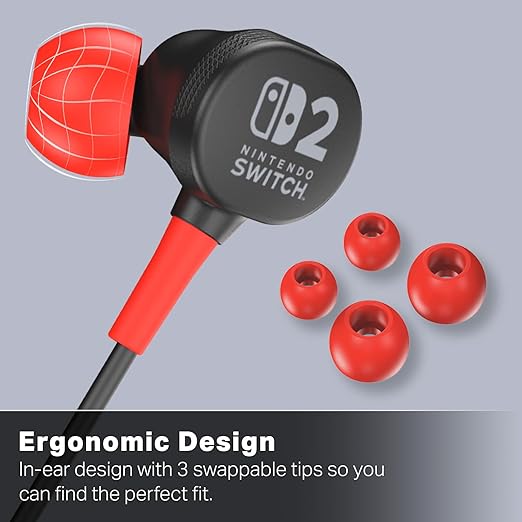 PowerA Wired Earbuds for Nintendo Switch 2- Black, Officially Licensed, 8 mm Speaker Drivers, in-Ear Design, 3 Swappable Tips, Includes Drawstring Storage Bag