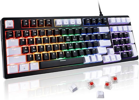 WJX Computer Clicky Keyboard Wired 98 Full Key Compact RGB keyboard with 19 Modes Mechanical Gaming Keyboard for PC & Mac, Hot-Swappable Red Tactile Mechanical Switch, USB-C control PBT Keycaps（Black）