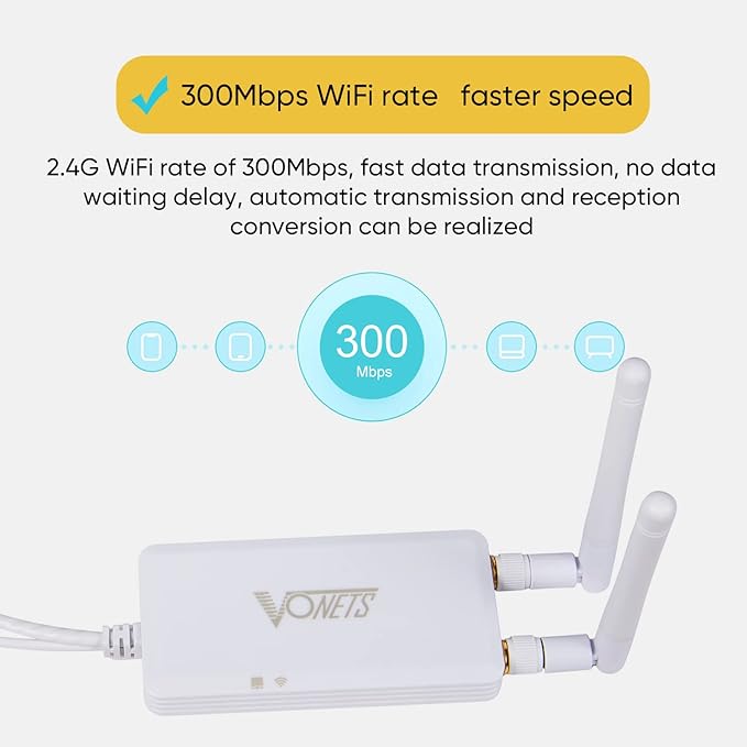 VONETS VAP11S-232 300Mbps WiFi to Ethernet Adapter 2.4G WiFi Bridge/Repeater/Mini Router/ RJ45 to RS232 Serial Server with 2 RJ45 Ports/Antennas USB/DC Powered for DVR Monitor Network Devices