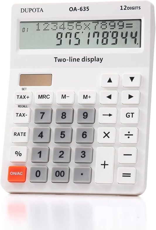 Desk Calculator Large Display Big Buttons with 12 Digits 2-line LCD, Dual Solar Power and Battery Calculators with Tax and Check Function for Office, Home, Accounting and Business Middle Size（OA-635）