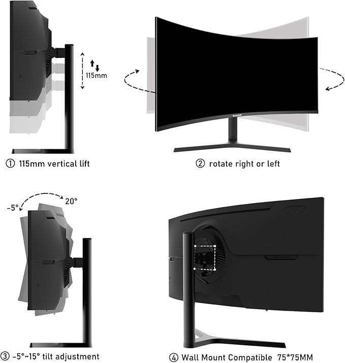 34 Inch Ultrawide Curved 180Hz Gaming Computer Monitor 1000R PC screen 21:9 UWQHD (3440x1440) ,1ms,100%sRGB,Adaptive Sync,HDMI、Display Port,Liftable Stand,Wall Mount Compatible 75*75mm-Black