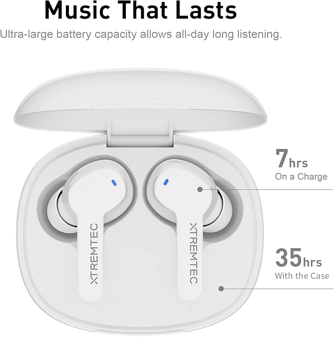 xtremtec Bluetooth Noise Cancelling Wireless Earbuds for iPhone/Android, in-Ear Sweatproof Stereo Bass Headphones, Immersive Sound Bluetooth 5.2 Earphones with Microphones,En-able Computer (White)