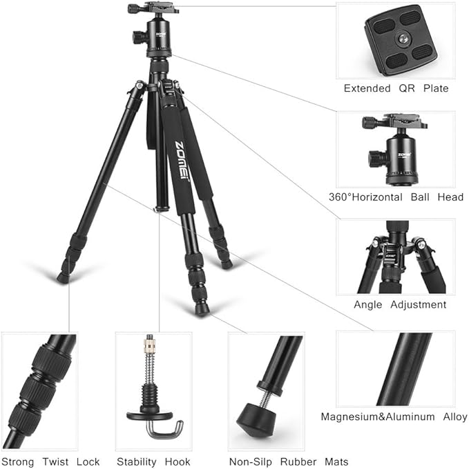 ZOMEI Tripod,Camera Tripod,Lightweight Camera Travel Z818 Tripod Aluminium Alloy Monopod with 360 Panorama Ball Head Quick Release Plate Ball for DSLR Canon Sony Nikon Cameras(Black)