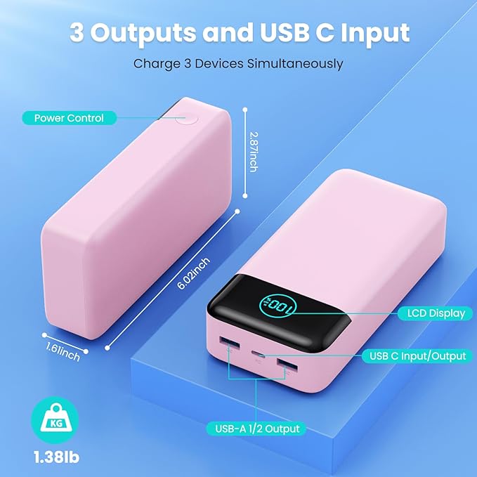 Portable Charger 50800mAh Power Bank,25W PD QC 4.0 USB C Fast Charging External Battery Pack,3 Output LCD Display Portable Cellphone Charger Compatible with iPhone 16/15/14/13/12,Samsung,Android-Pink
