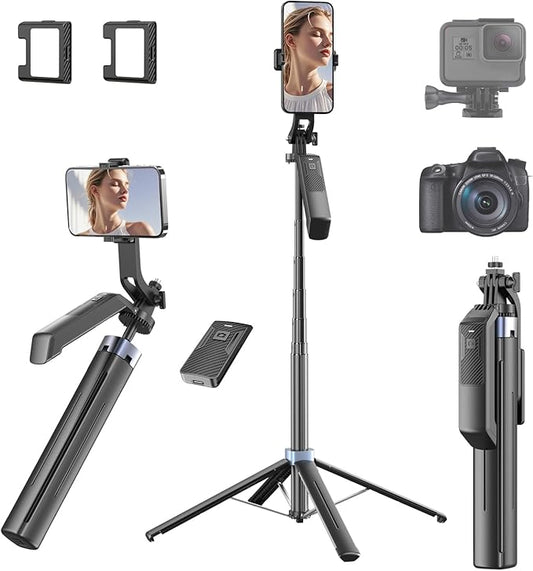71" Selfie Stick Phone Tripod with Wireless Remote & 2 Fill Lights, Extendable Aluminum Phone Stand for iPhone/Android/Camera, Portable Travel Tripod for Vlogging, Live Streaming, Video Recording