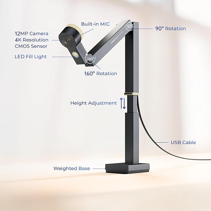 CZUR Fancy S Pro 12MP USB Document Camera for Teacher, 4K Webcam with Microphone and LED Light, Up to 60fps, Auto Focus, for Remote Teaching, Live Streaming, Web Conference, for Mac and Windows