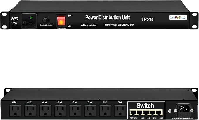 1U PDU Rackmount Power Strip with 8 NEMA 5-15R Outlets & 5-Port Gigabit Ethernet Switch, 15A 100-250V,10KA SPD 3600J Surge Protection, 6ft Cord, ETL Listed, Ideal for Server Racks & Networking