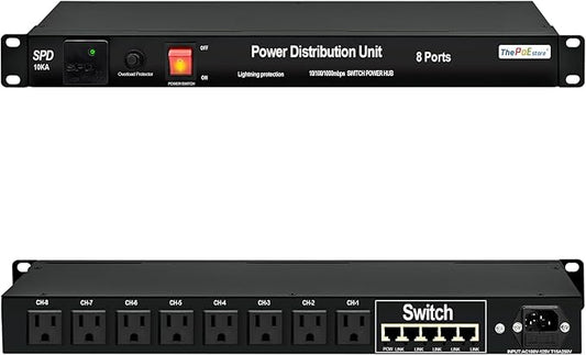 1U PDU Rackmount Power Strip with 8 NEMA 5-15R Outlets & 5-Port Gigabit Ethernet Switch, 15A 100-250V,10KA SPD 3600J Surge Protection, 6ft Cord, ETL Listed, Ideal for Server Racks & Networking